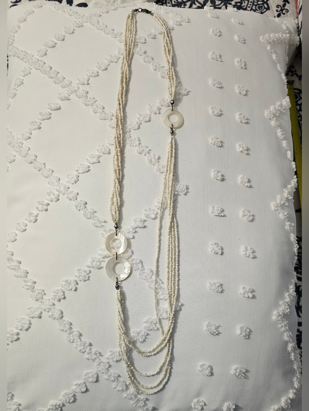 FINAL..Cream Beaded Multi-Strand Necklace with Shell Discs